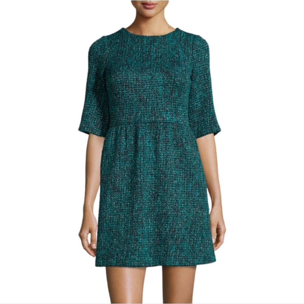 Alice & Olivia - Teal Metallic Tweed Short Sleeve Fit & Flare Dress Sz 4